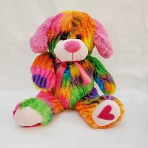 KellyToy Plush Tie Dyed Colorblock Rainbow Puppy Dog Embroidery Heart Paw